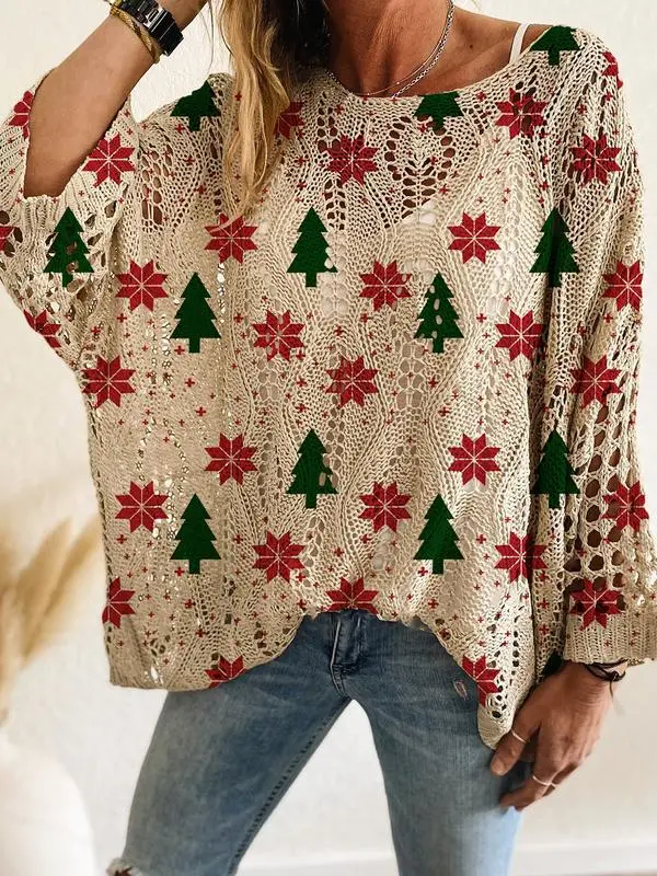 Women's Halloween Pumpkin Print Long Sleeve Knit Top