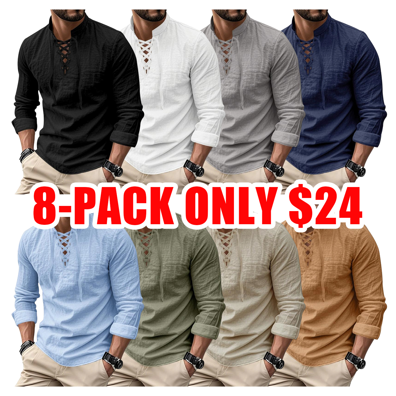 Men’s Lightweight Linen Long Sleeve Shirt with Drawstring Stand Collar