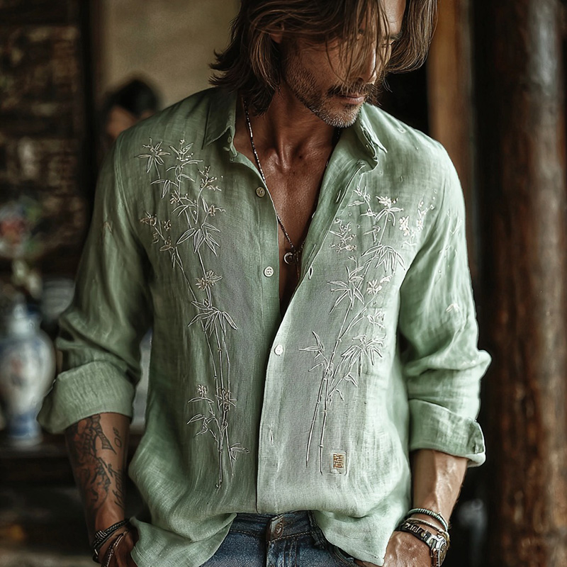 Men's Retro Bamboo Art Linen Long Sleeves Shirt