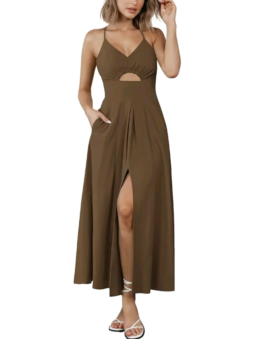 BTFBM Women's 2025 Summer Maxi Dress – Spaghetti Strap V-Neck Sleeveless Dress with Side Slit, Cutout Detail & Pockets | Casual Beach Party Outfit