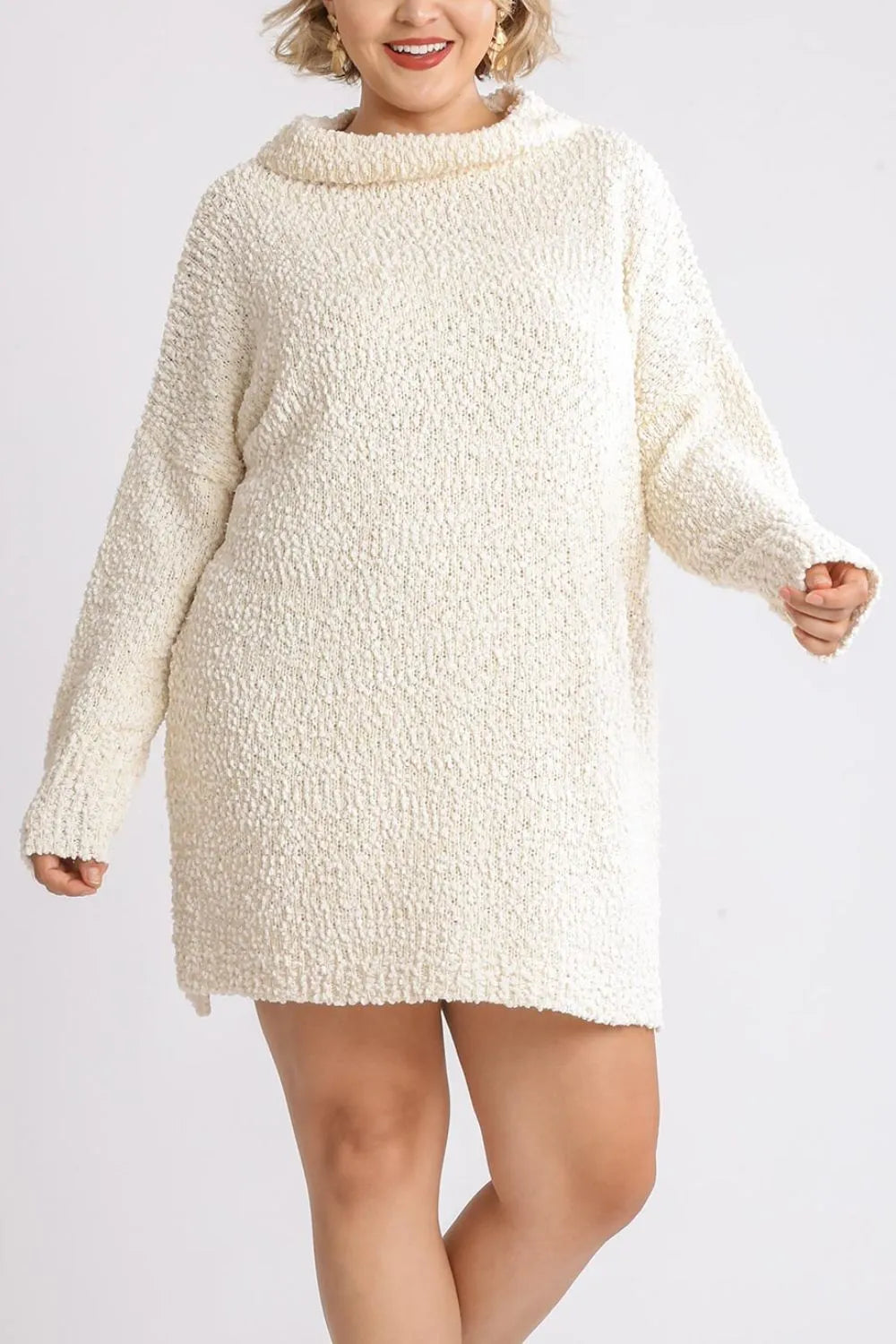 Full Size High Low Long Sleeve Boucle Sweater Dress Plus Size