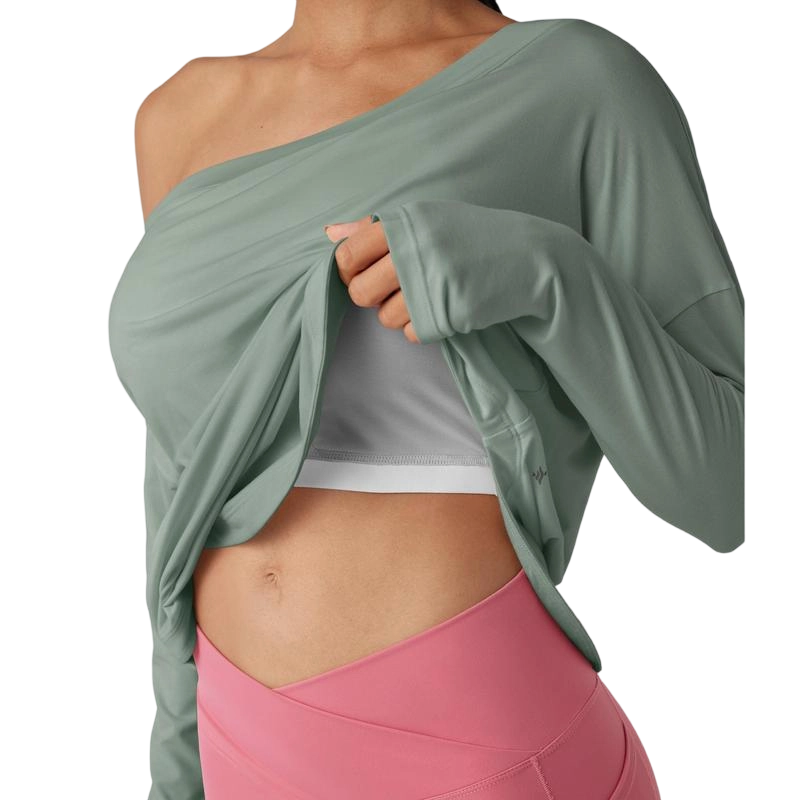 Women’s One-Shoulder Long Sleeve Yoga Top with Built-In Bra