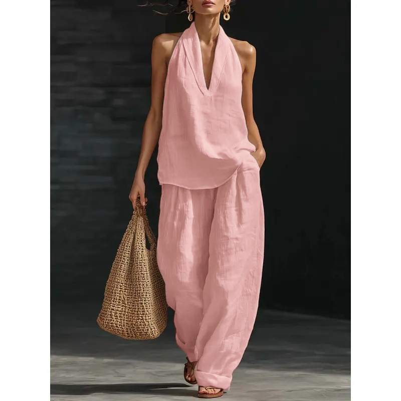 Women's Boho Linen 2 Piece Set - Halter Sleeveless Top & Wide Leg Pants for Beach, Vacation & Brunch