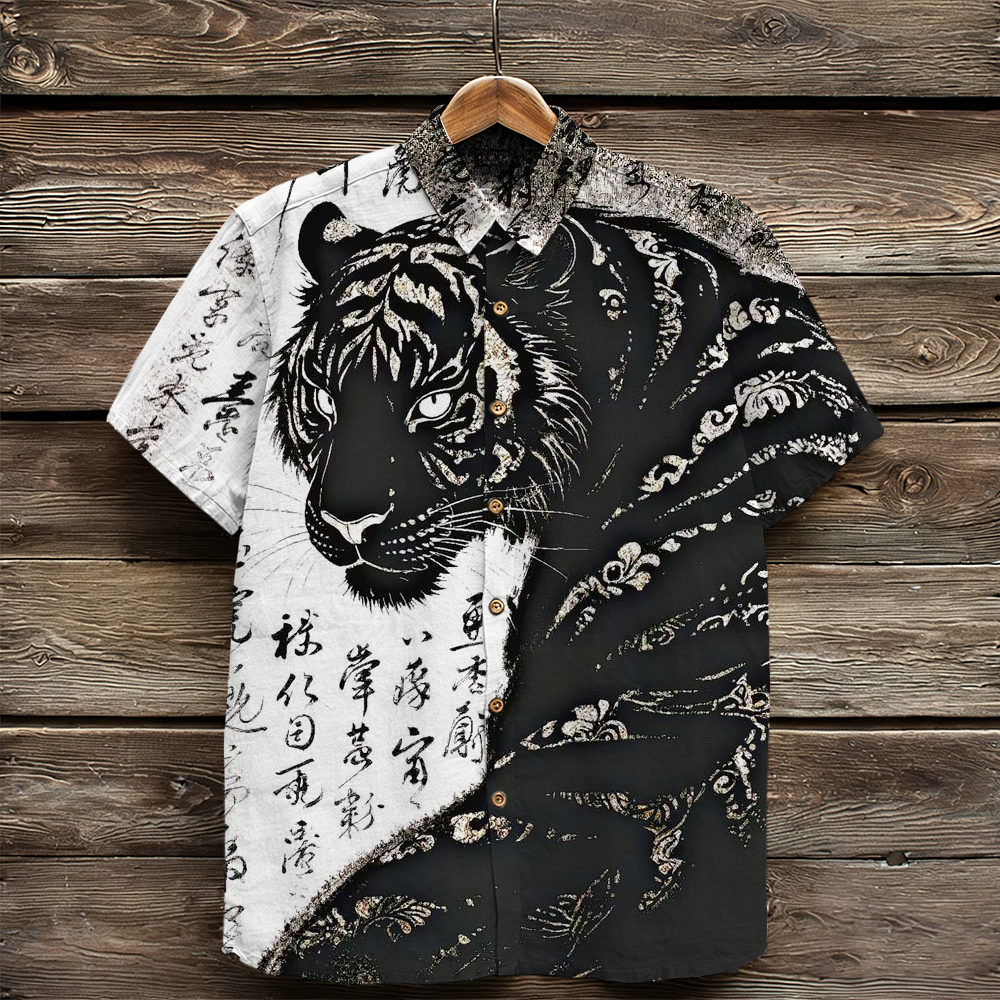 Japanese Tiger Calligraphy Art Vintage Linen Shirt