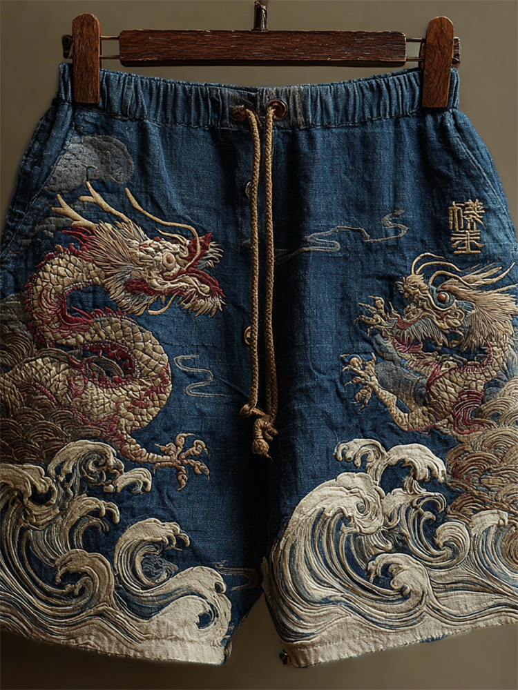 Japanese Dragons & Sea Waves Embroidered Linen Shorts