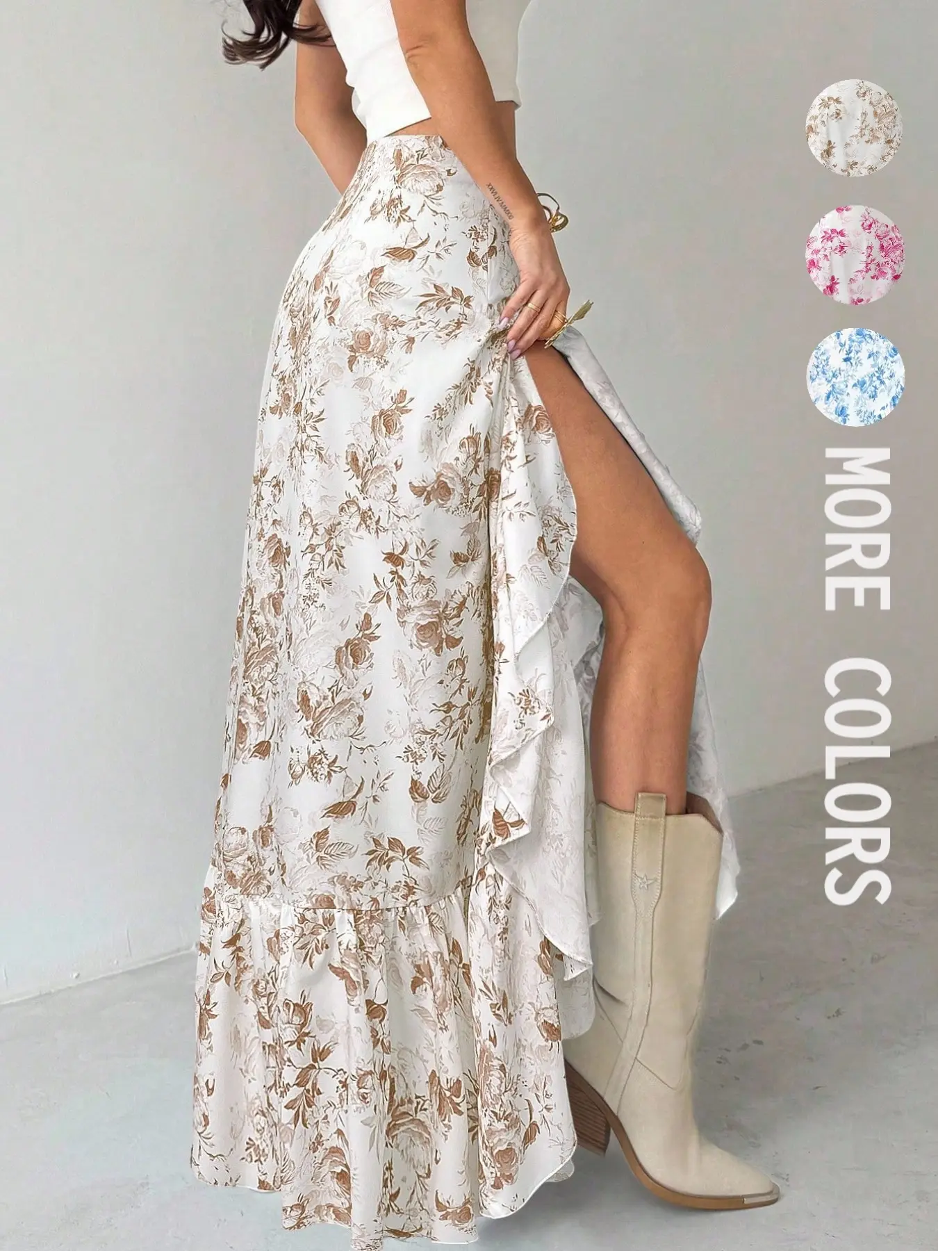 Bohemian Elegant Floral Print Irregular Ruffle A-Line Midi Skirt