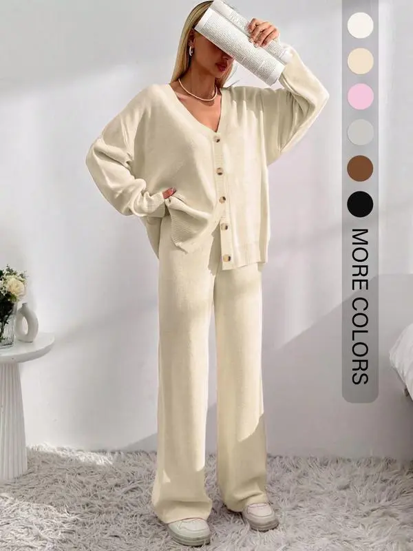 Women’s Button Front Knit Cardigan & Wide Leg Pants Two-Piece Set