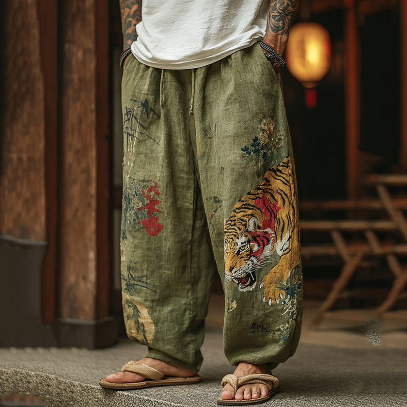 Men's Japanese Tiger Pattern Art Contrast Wide Leg Linen Pants