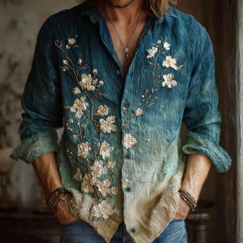 Men's Apricot Blossom Embroidery Oil Painting Art Linen Shirt