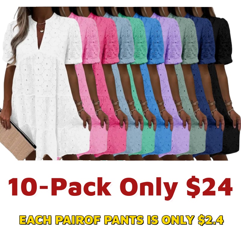 Women’s Summer Lace Dresses Eyelet Casual Flowy Babydoll Swing Short Sleeve V Neck Tunic Dress