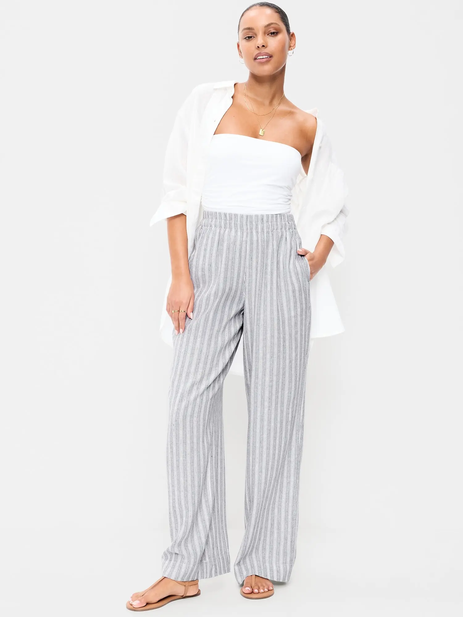 Women's High-Waisted Linen-Blend Wide-Leg Pants