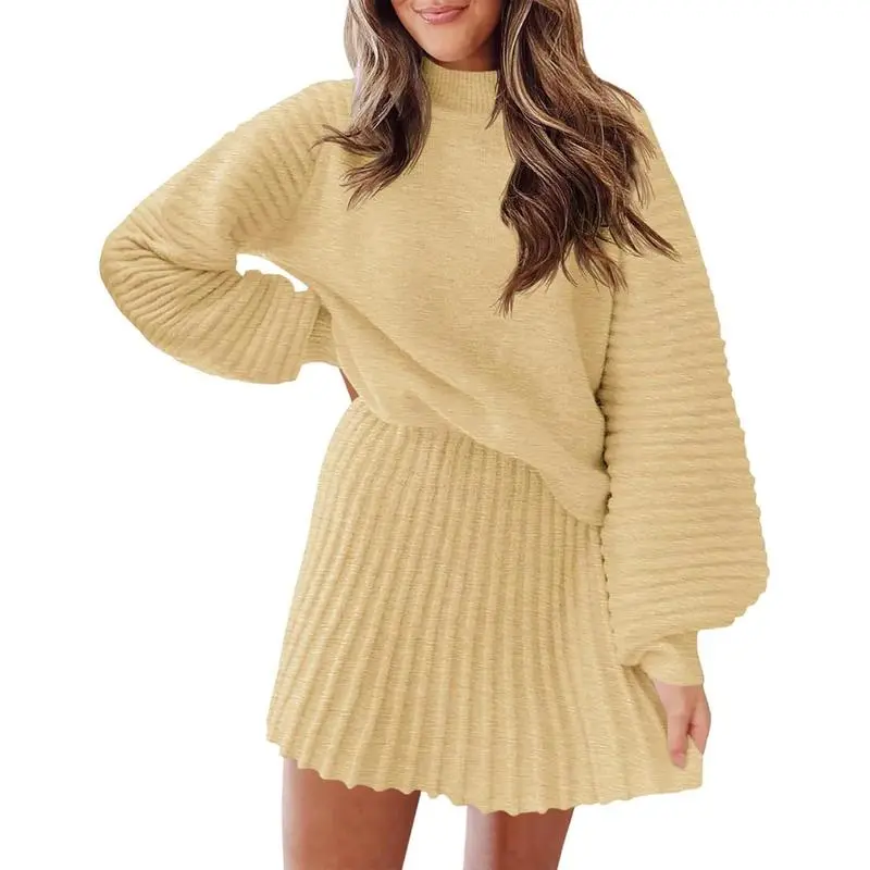 Women's 2 Piece Outfits 2025 Long Sleeve Mock Neck Ribbed Sweaters And Mini Skirt Two Piece Sets