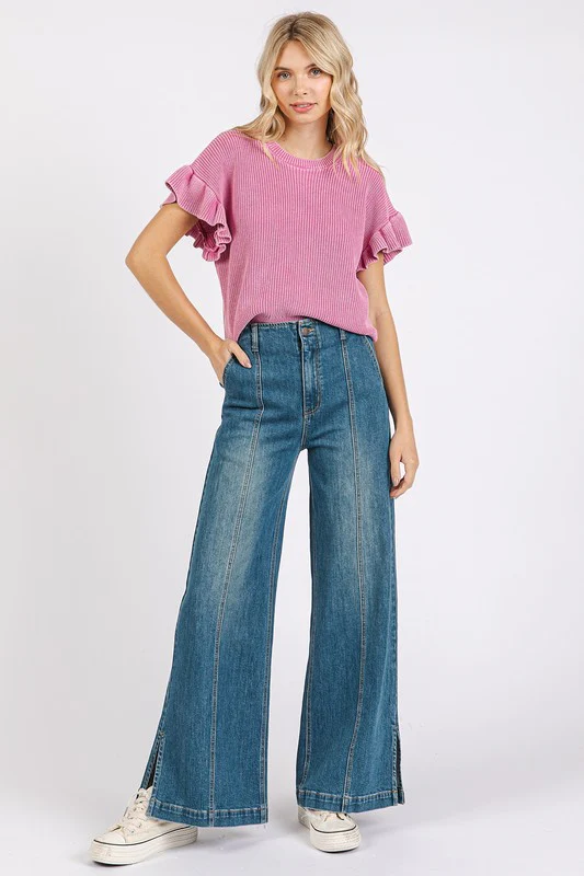 Medium Wash Seam Detail Wide Leg Denim Jeans