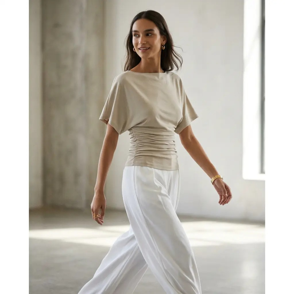 Women's Boatneck Batwing Sleeve Top with Side Ruching