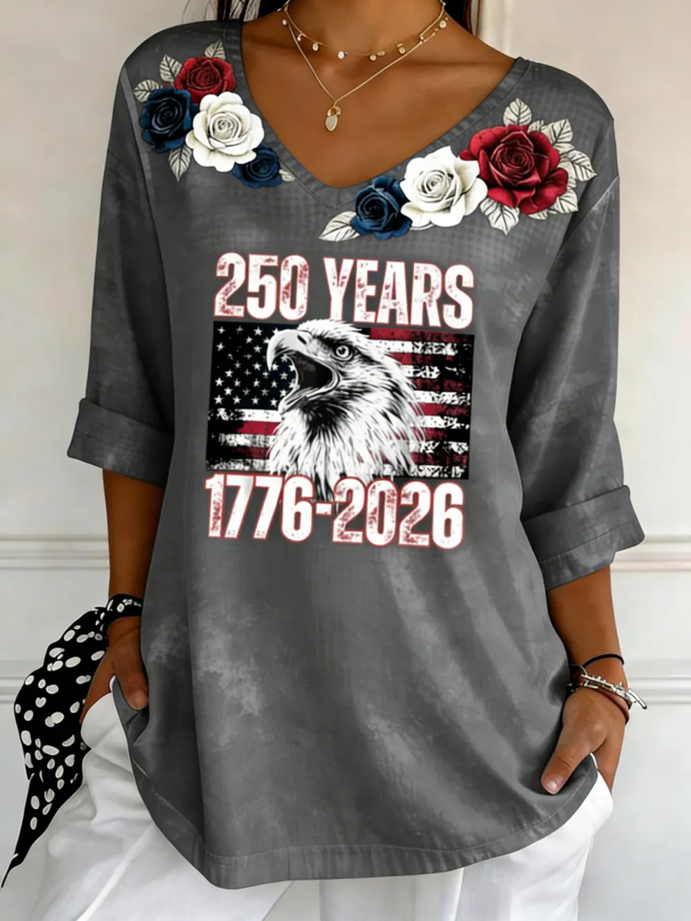 250 Years 1776-2026 Eagle Rose V-Neck Top