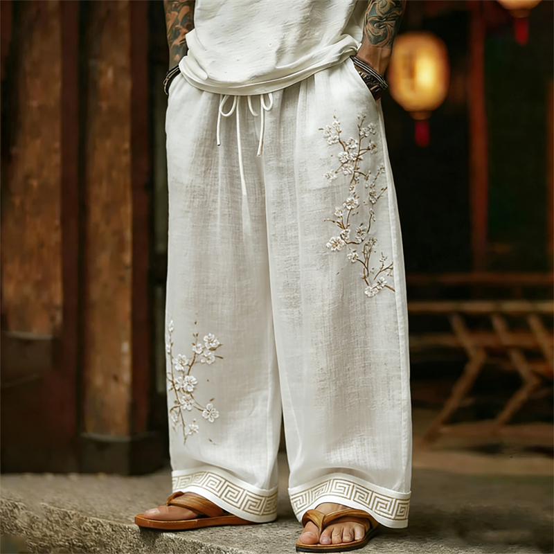 Men's Classy White Almond Blossom Linen Pants