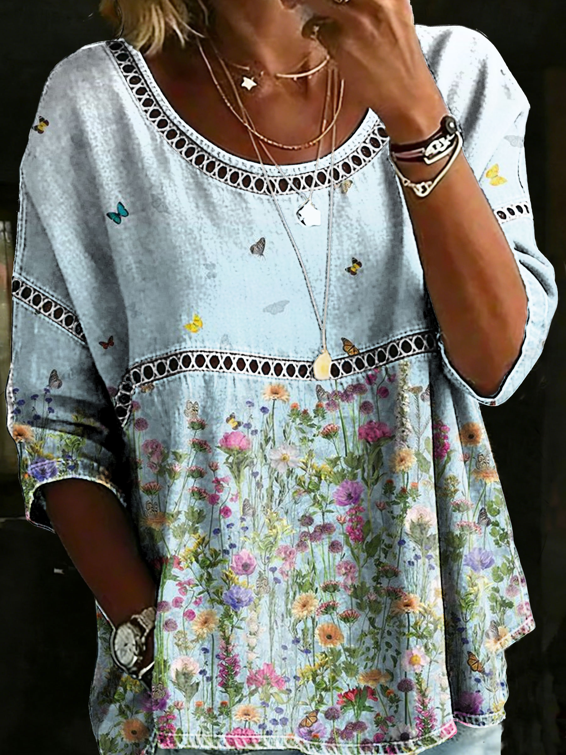 Women's Vintage Floral Casual Loose Denim Blouse Shirt