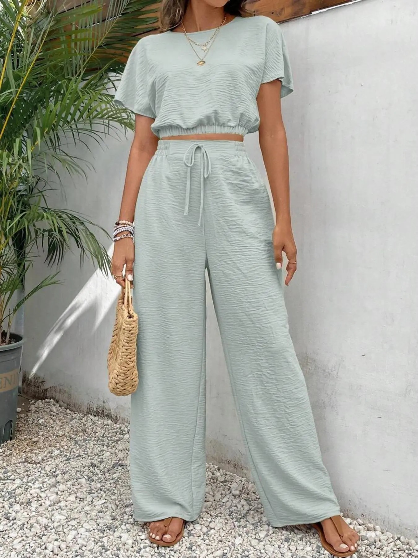 Women's Solid Color Rib-Knit Top & Wide Leg Pants Lounge Set