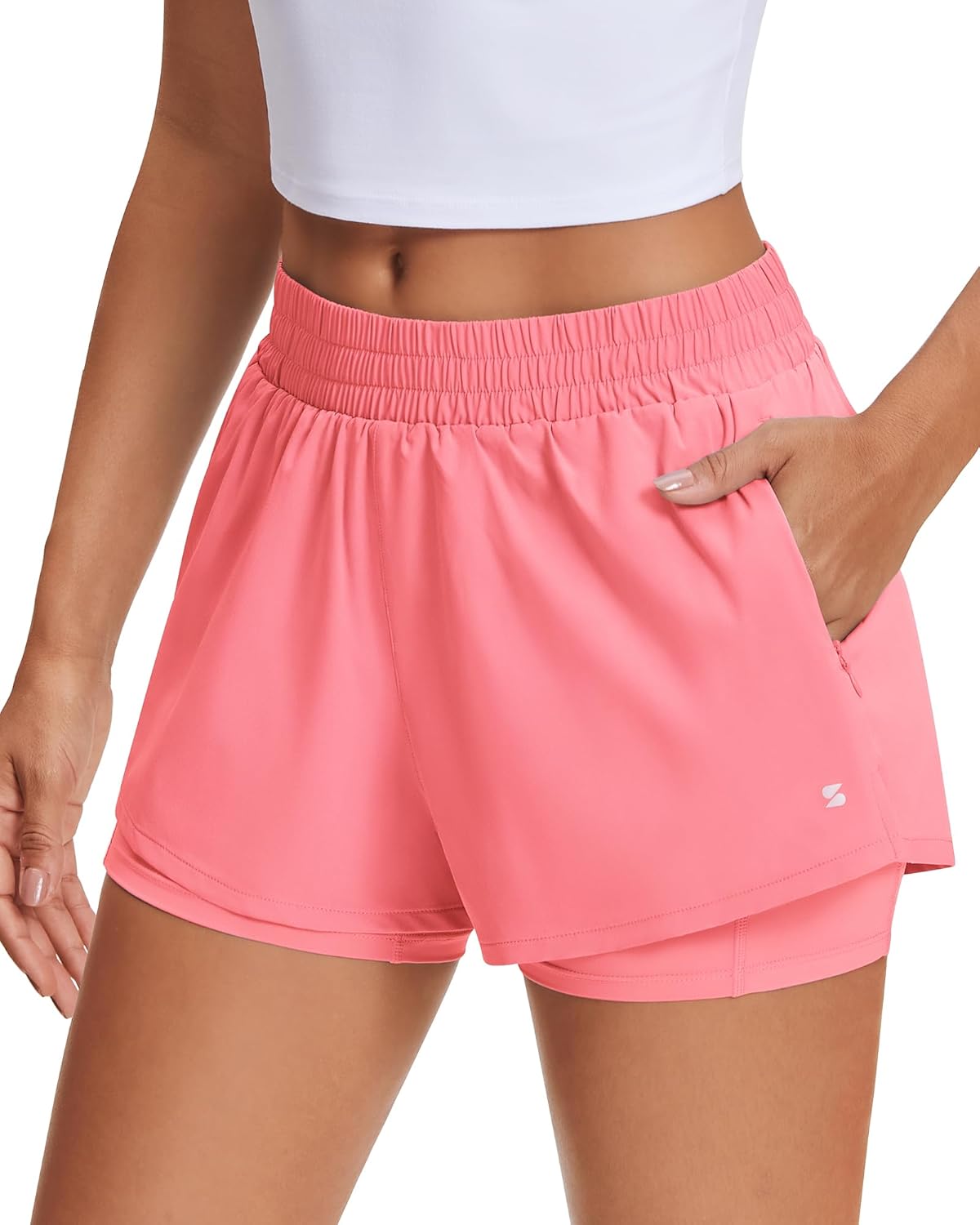 Women's 2 in 1 Running Shorts Athletic Workout Gym Shorts High Waisted Shorts with Liner Zipper Pockets