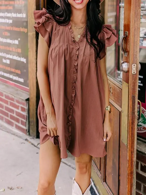 Elegant V-Neck Ruffle Sleeve Dress for Women