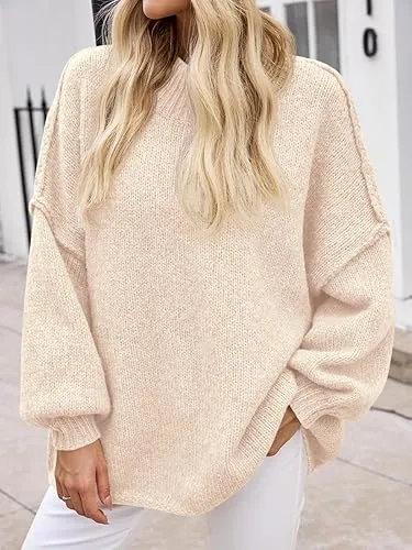 ✨Womens Oversized Mock Neck Batwing Long Sleeve Ribbed Knit Casual Tunic Sweater🔥