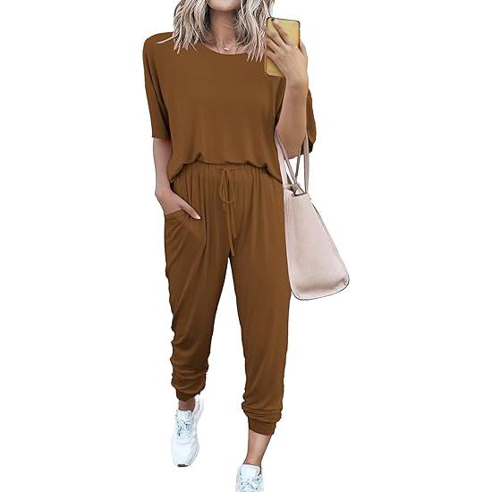 Women's 2-Piece Set Summer Outfits Crew Neck Short Sleeve Tracksuit Jogger Set With Drawstring and Pockets Comfy Lounge Wear