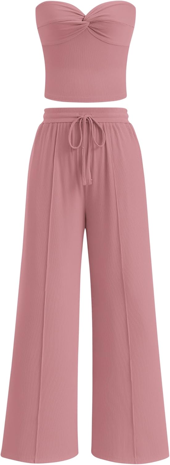 Two Piece Sets For Women Summer Ribbed Strapless Twist Knot Tube Top Pants Set Casual 2026 Beach Vacation Outfits