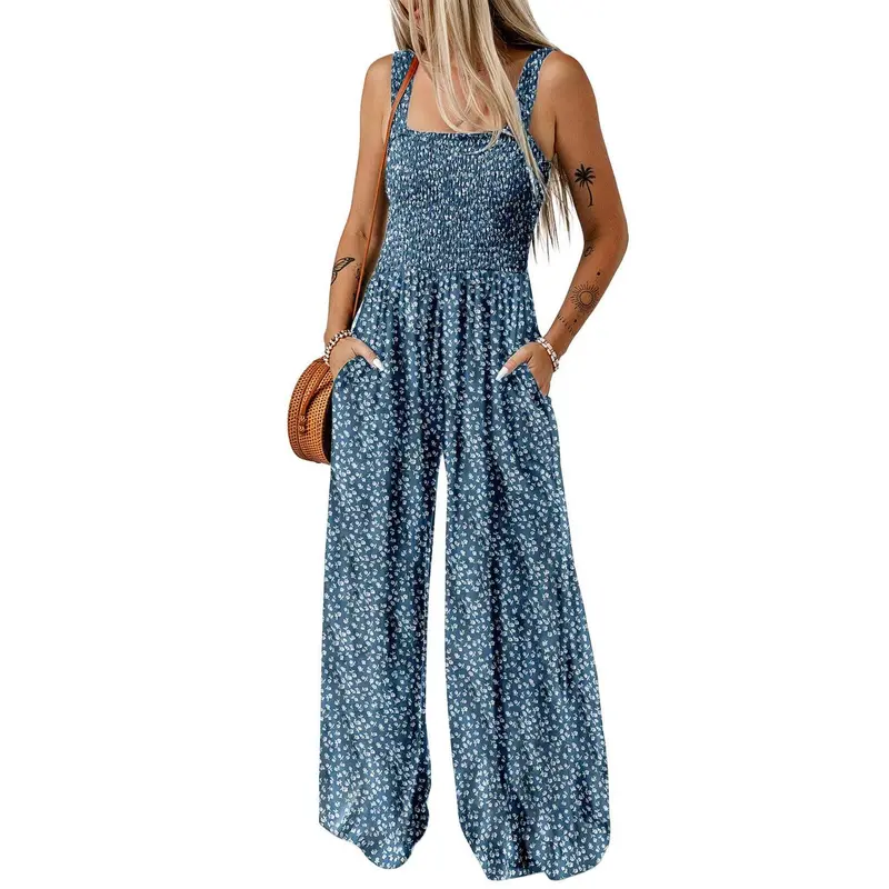 Women's Casual Loose Overalls Jumpsuits One Piece Sleeveless Printed Wide Leg Long Pant Rompers With Pockets Bohemian Womenswear