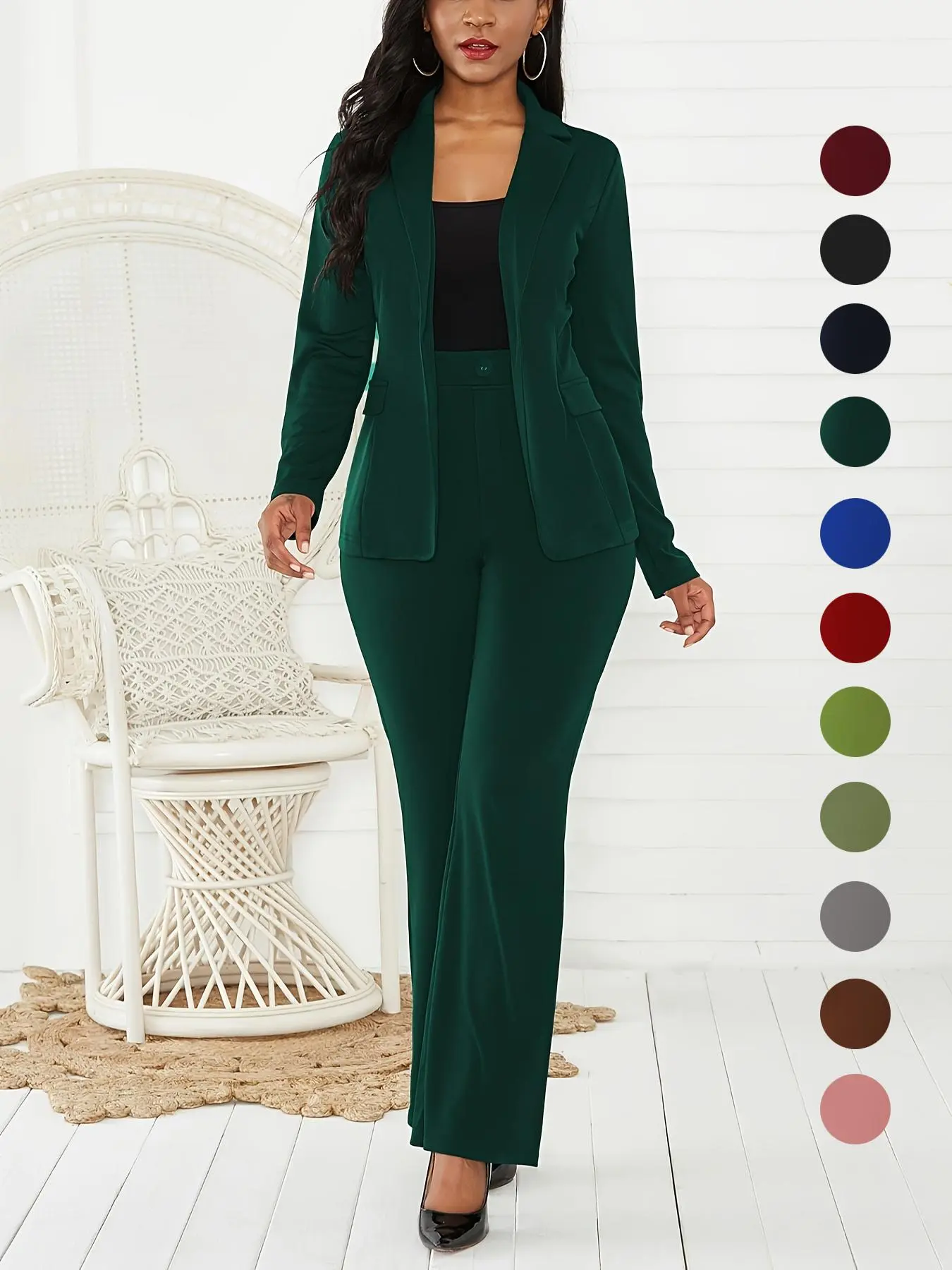 Women's Two-Piece Set Plain Button Lapel Blazer & Suit Pants