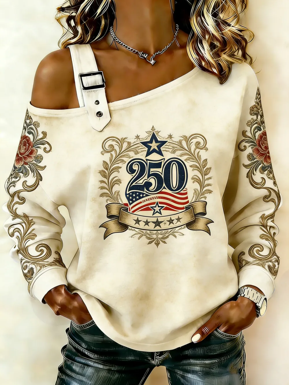 Women's Sloping Shoulder 250Th Anniversary Flag Vine Printed Hoodie
