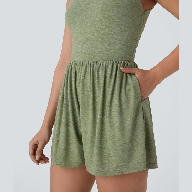 Women’s Backless Twisted Romper – 2-in-1 Resort Fit with Side Pockets | Easy Peezy Edition