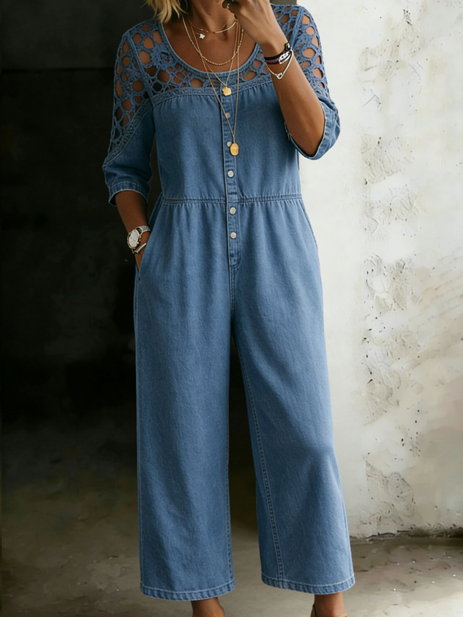 Women’s Stylish Elastic Waist Denim One Piece Jumpsuit