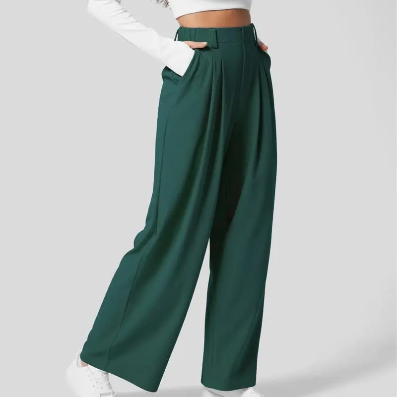 High Waisted Plicated Side Pocket Wide Waffle Work Pants
