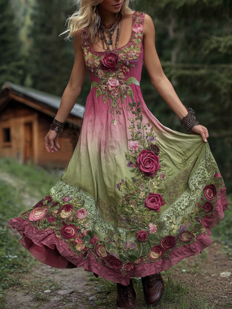 Classy Gradient Pink Roses Cancer Awareness Embroidered Linen Maxi Dress