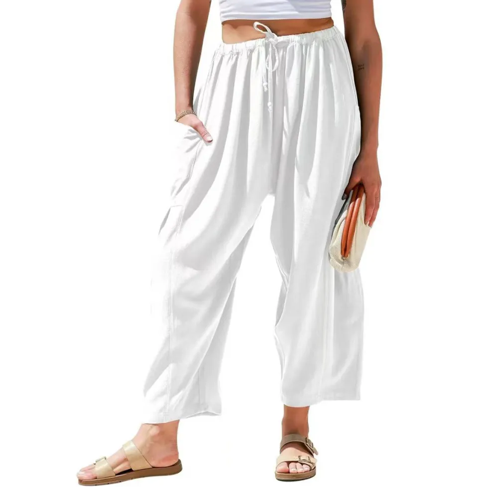 TARSE Women's Linen Wide Leg Pants – Casual Loose-Fit Palazzo Harem Pants with Pockets for Summer Beach Outfits