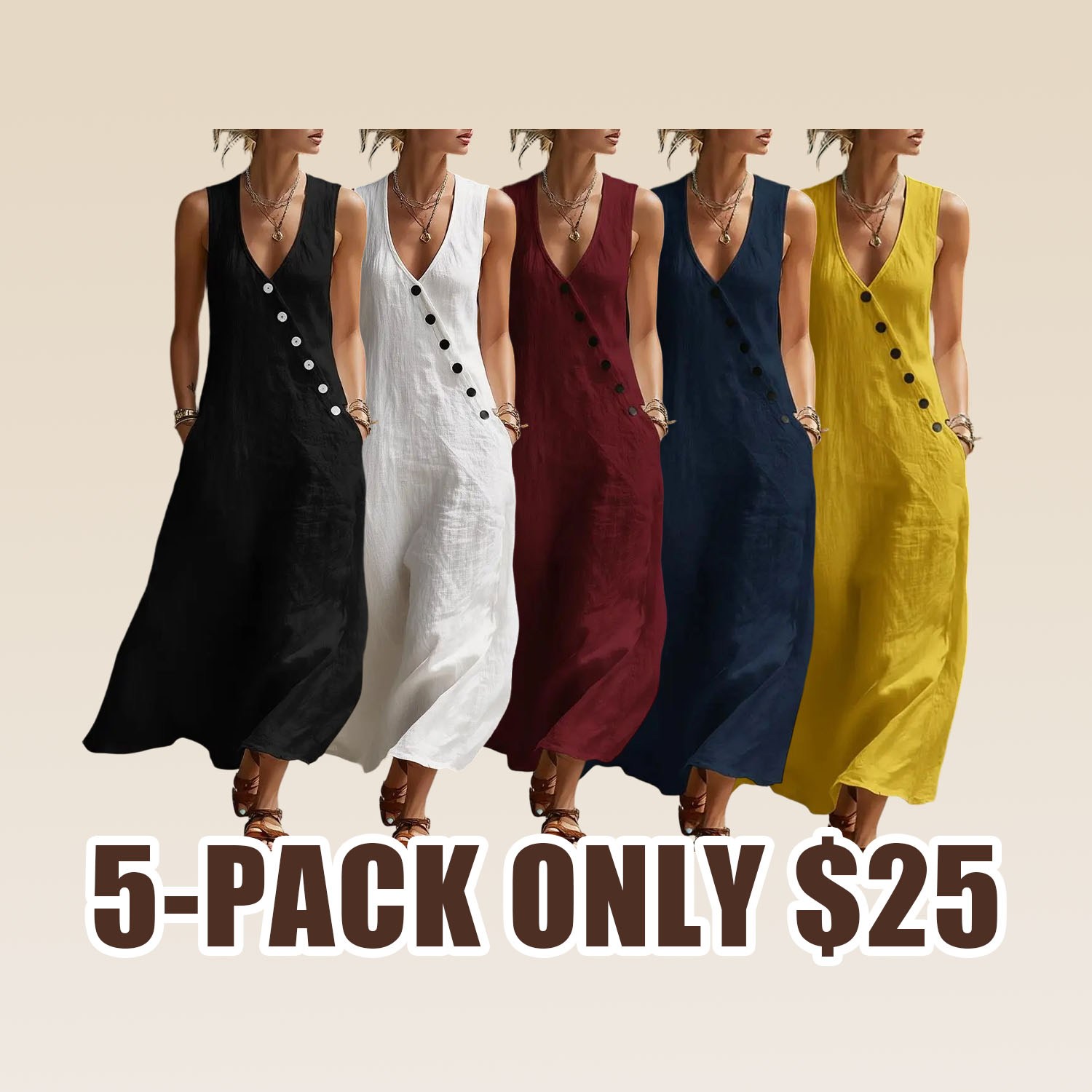 Boho Linen Maxi Dress - Perfect for Beach, Vacation & Brunch! Sleeveless V-Neck Button Detail Casual Dress with Pockets # SleevelessDress