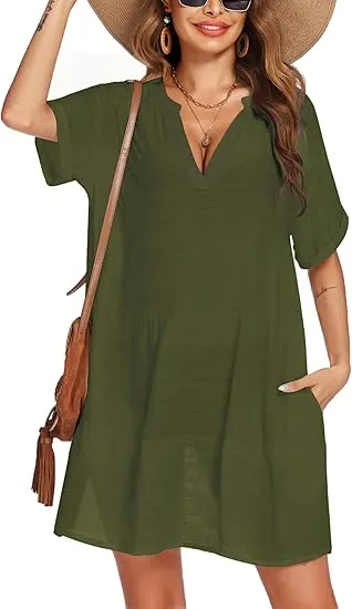 Women’s Tassel Swimsuit Cover Up Dress – V-Neck Short Sleeve Beach Cover Up Shirt