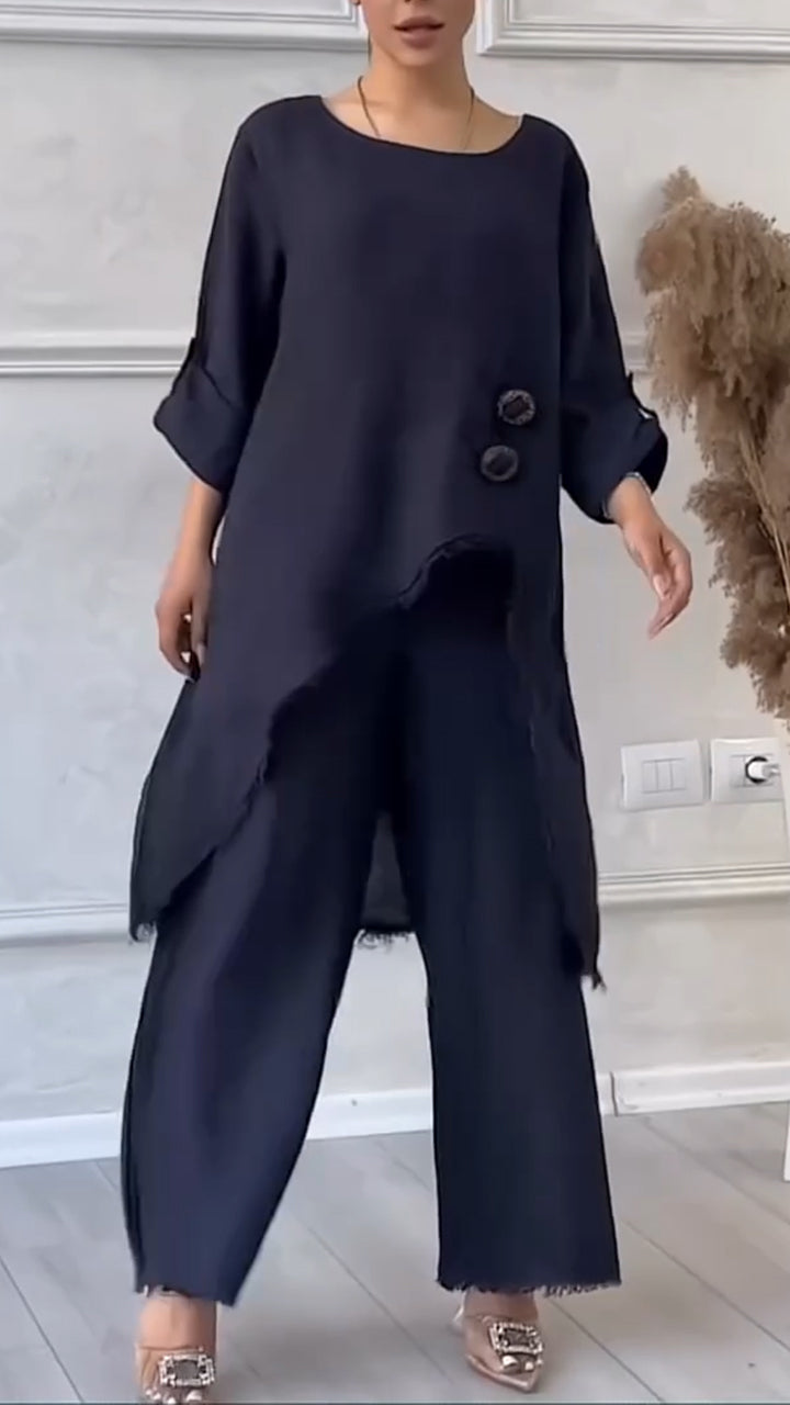 Women's Round Neck Irregular Cotton and Linen Casual Suit