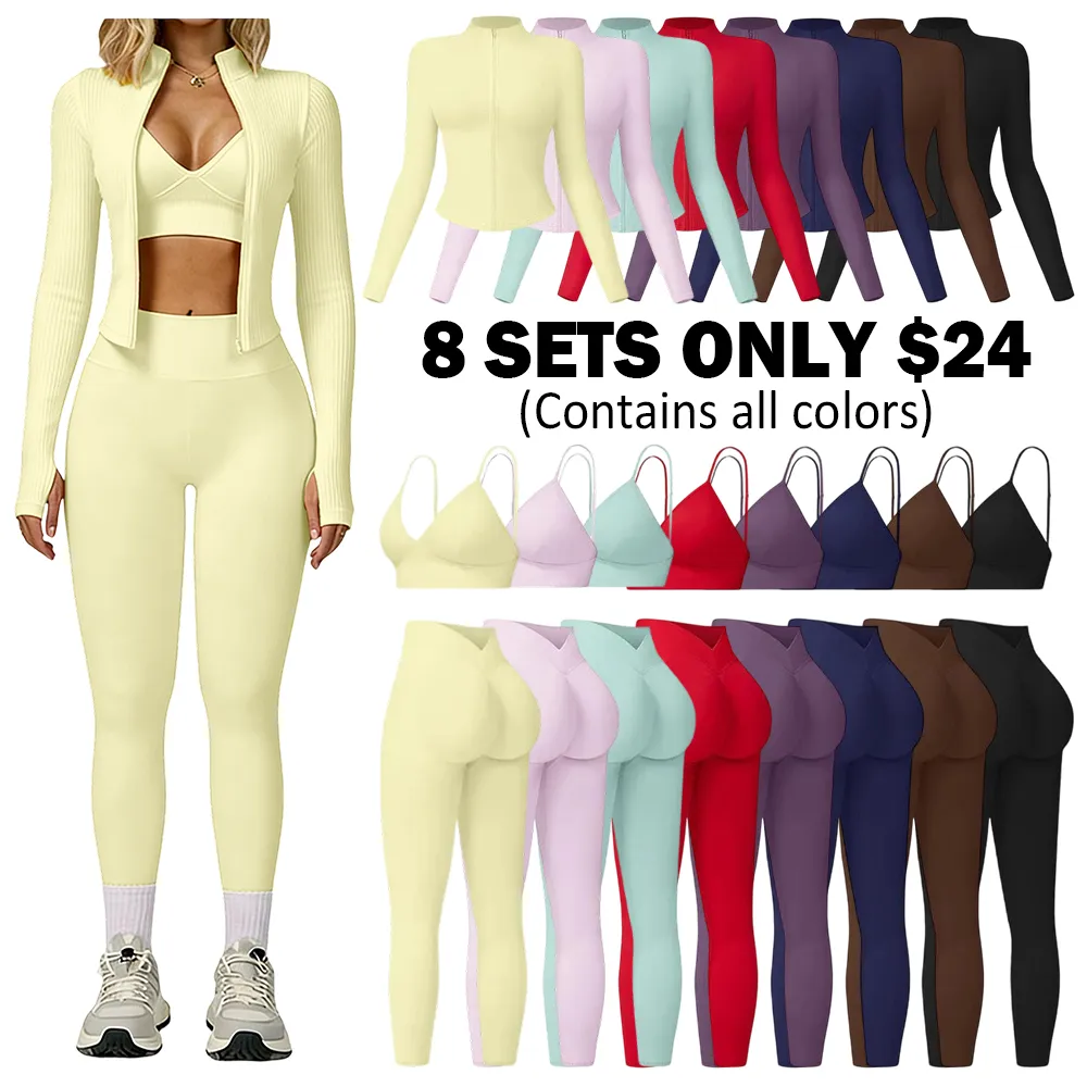 Women's tank top, high-waisted leggings, and zip-up jacket 3-piece sportswear set.