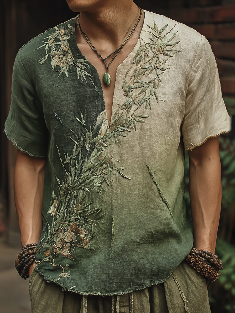 Men's Bamboo Embroidery Gradient V-neck Short Sleeve Linen Blend Shirt