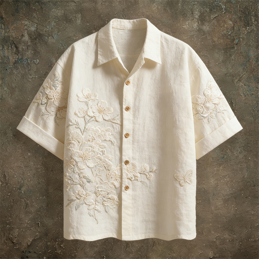 Vintage Lace Floral Pattern Linen Short Sleeve Shirt