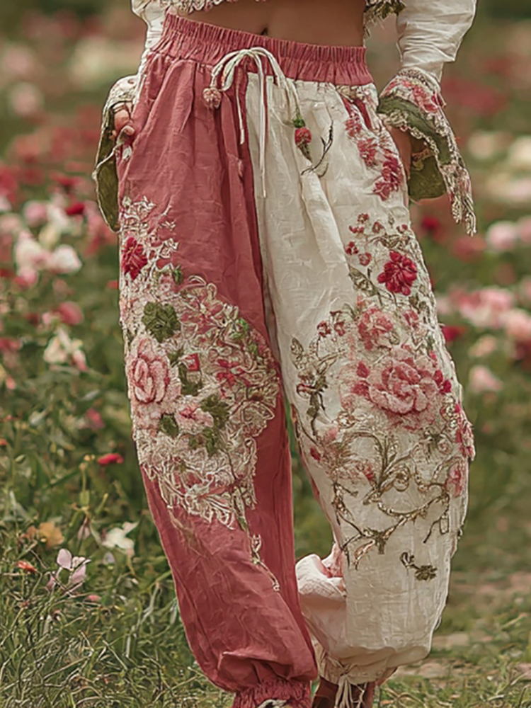 Rose Floral Patchwork Waist Elastic Pocket Pants