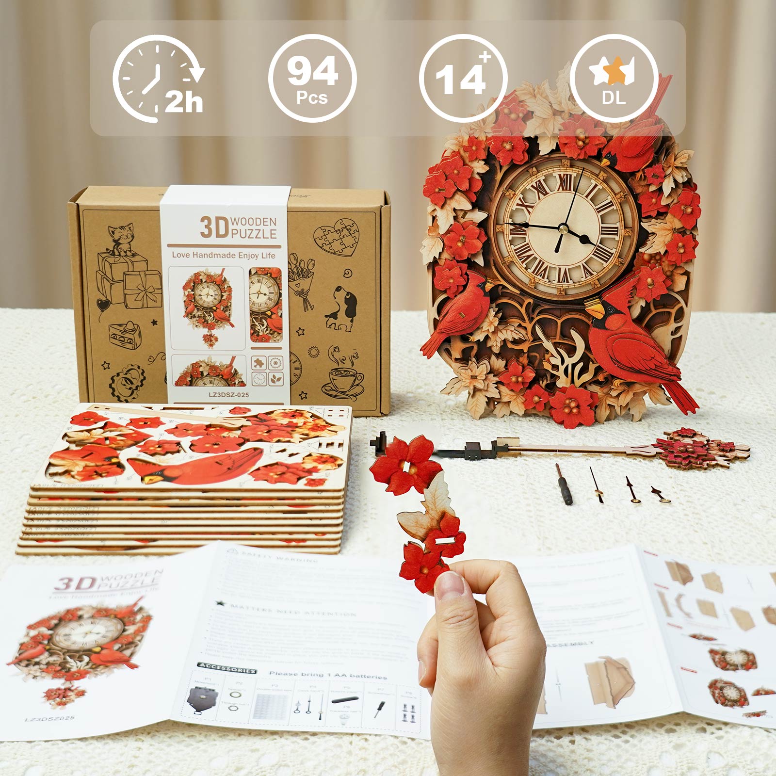 Cardinal– DIY Wooden Clock, 3D Puzzle Craft Kit