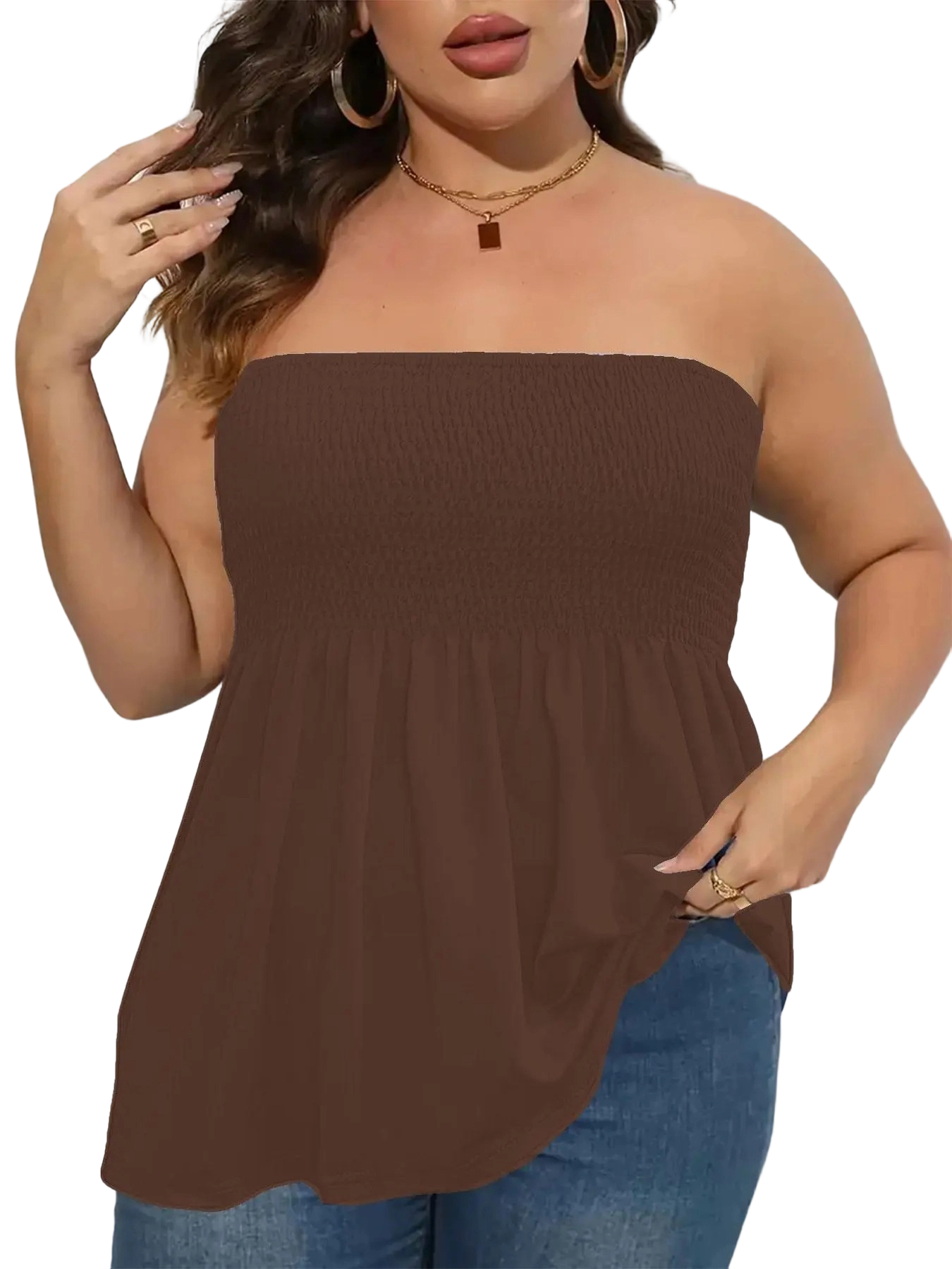 Women's n Strapless Top Plus Size Solid Ruffle Hem Shirred Tube Top