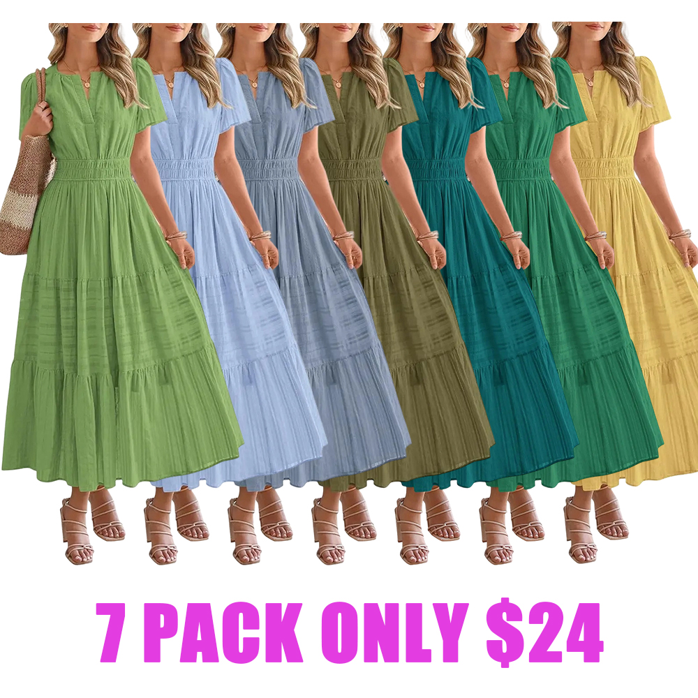 Women's Summer 2026 Casual Maxi Dress Lightweight Short Sleeve V Neck Boho Dress with Pockets