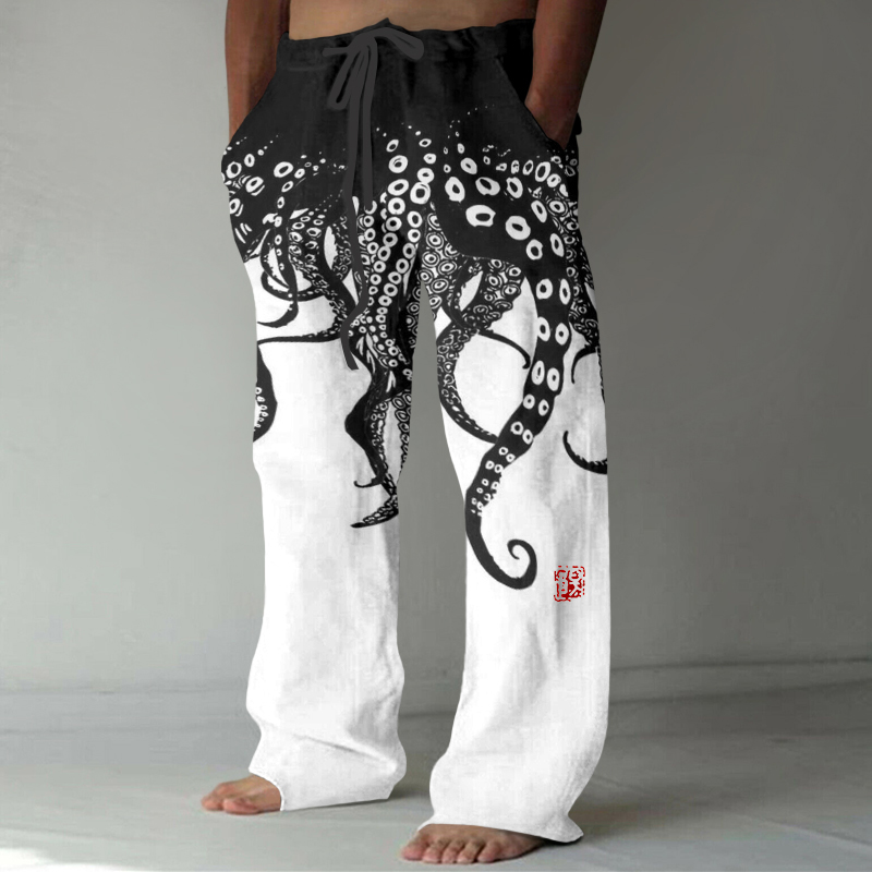 Vintage Japanese Art Octopus Legs Print Casual Linen Blend Pants
