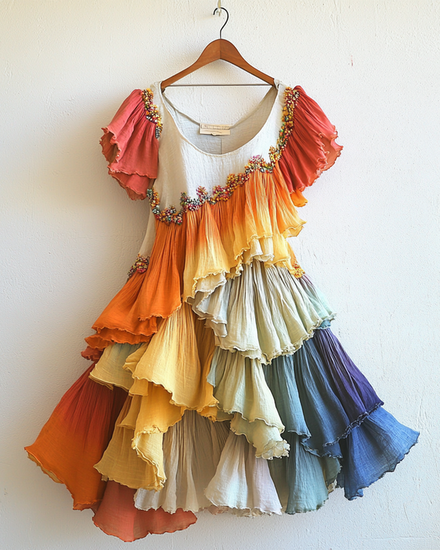 Summer Rainbow Patchwork Beaded Ruffle Dress  6f2f