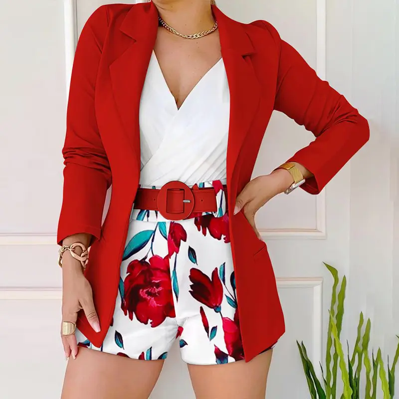 2026 Women's Long Sleeve Blazer & Floral Print Shorts Wedding Guest Set With Belt Wedding