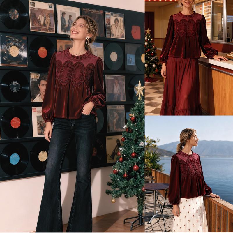 Women’s Elegant Velvet Lace Long Sleeve Blouse