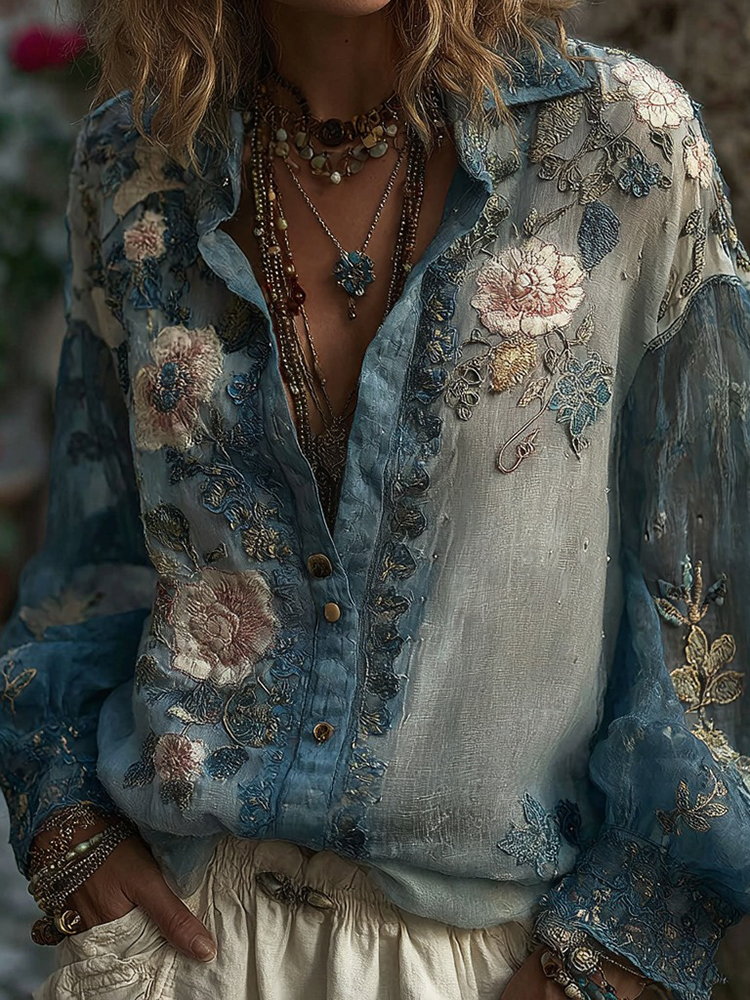 Women's Vintage Bohemian Floral Pattern Linen Long Sleeve Shirt